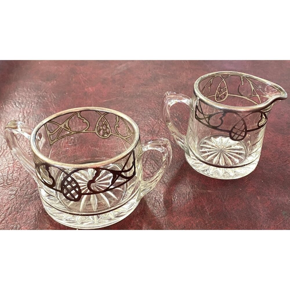 Vintage Glass Creamer & Sugar Bowl Silver Overlay Scroll Leaf Design